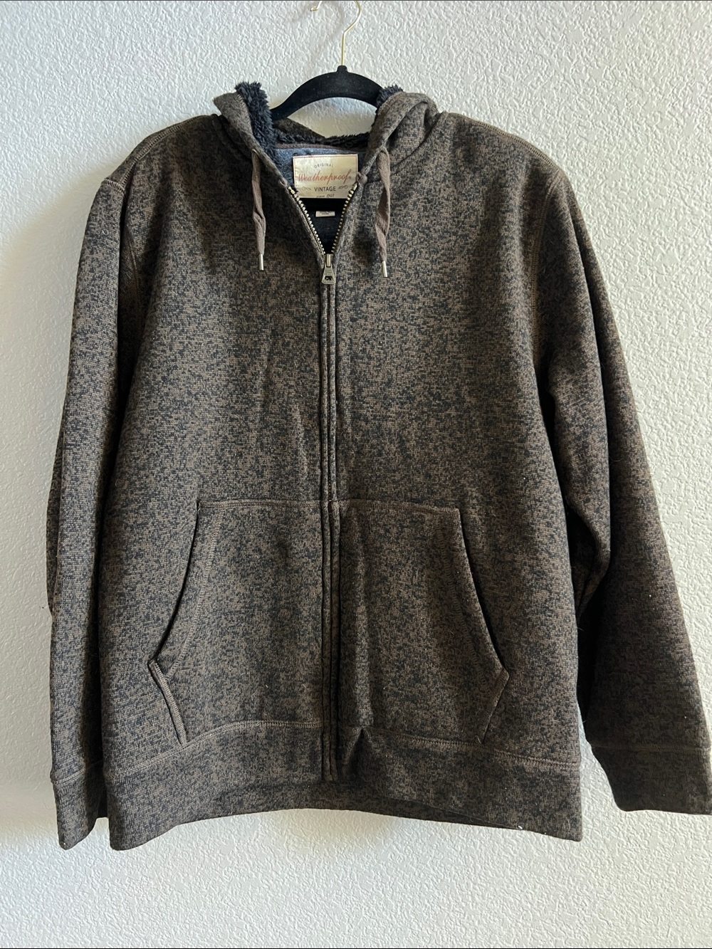 Original Weatherproof Vintage Men’s Brown Sherpa-Lined Zip Hoodie Size L